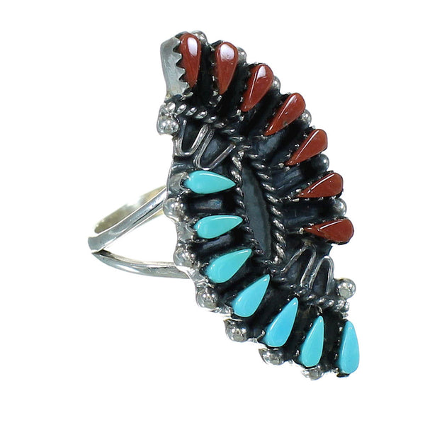 Turquoise And Coral Southwestern Silver Needlepoint Ring Size 6-3/4 AX81831